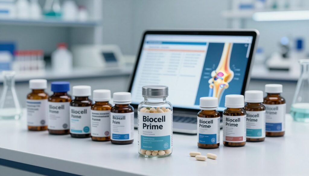 A clean, high-resolution medical photography style scene showcasing two rows of joint health supplement bottles on a pristine white laboratory countertop. The foreground features a clear glass bottle labeled "Biocell Prime" prominently displayed, with its contents visible, emphasizing its unique formula. Beside it, various standard joint health supplements in differently shaped, colorful bottles. The middle ground displays a digital tablet showing a comparative chart of benefits and ingredients, with a biological model of a joint softly illuminated. The background contains blurred shelves filled with test tubes and scientific equipment, conveying an academic atmosphere. Soft, diffused laboratory lighting casts a professional glow over the entire setup, enhancing the clinical yet inviting mood. Photorealistic details evoke trust and credibility in the presented information.