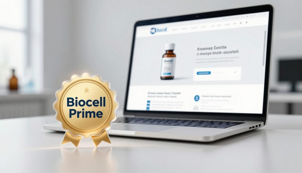 A professional and inviting scene depicting an official money-back guarantee for "Biocell Prime". In the foreground, a clear, elegant badge or emblem showcasing the money-back guarantee, with a soft glow around it. In the middle ground, a sleek, modern website interface is displayed on a laptop, featuring images of the product and testimonials. The background should be a clean, minimalist office environment with soft laboratory lighting that highlights the professionalism of the setting. The perspective is slightly angled downwards to focus on the laptop, while maintaining a sense of depth. The overall mood conveys trust, reliability, and comfort, suitable for an official offer. High-resolution, photorealistic, 8k quality.